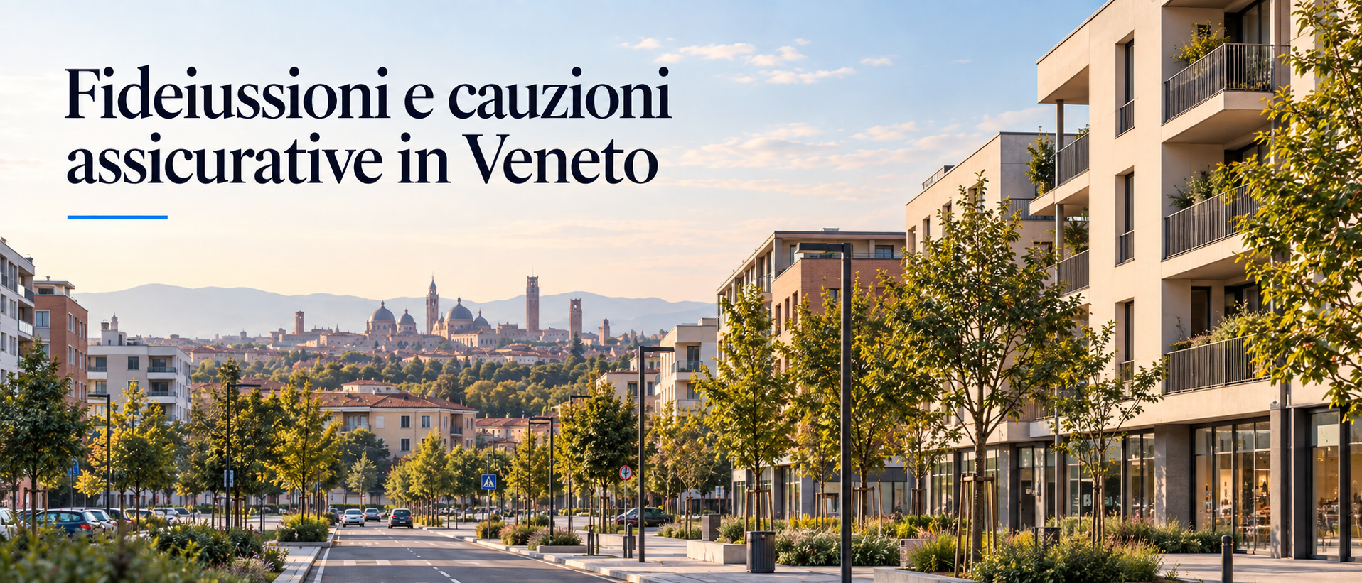 Fideiussioni e cauzioni assicurative in Veneto con sviluppo urbano e skyline cittadino sullo sfondo